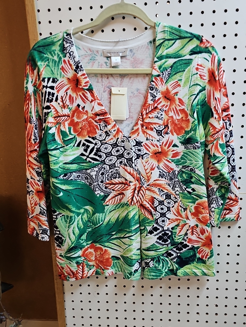 Christopher & Banks Green and Coral Floral 1 Button Cardigan